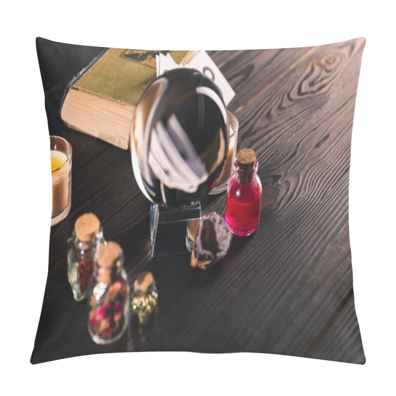 Personality  Selective Focus Of Crystal Ball With Book And Occult Objects On Wooden Background Pillow Covers