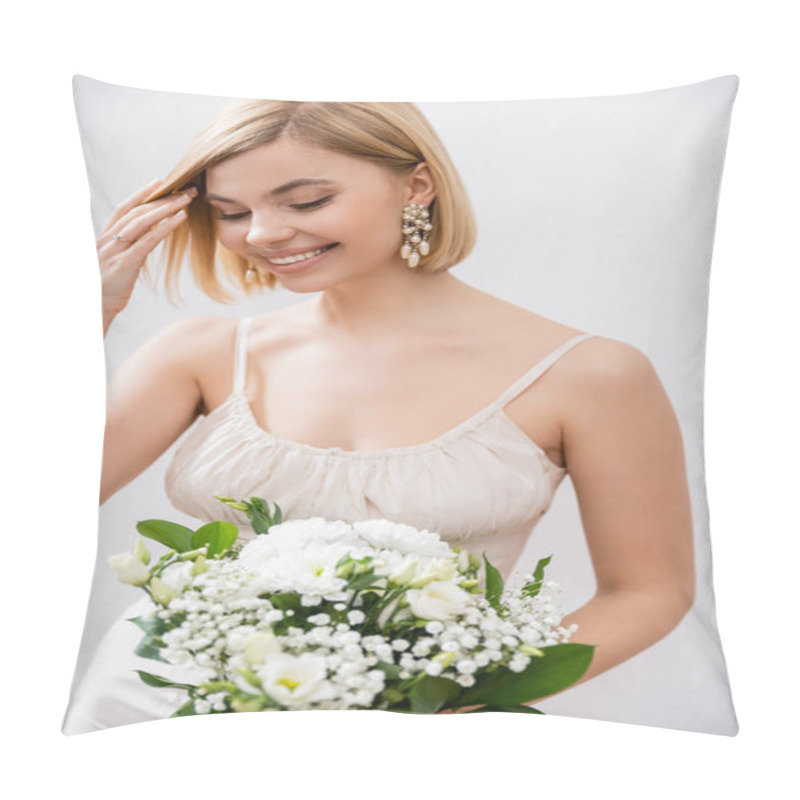 Personality  Cheerful And Blonde Bride In Wedding Dress Holding Bouquet On Grey Background, White Flowers, Bridal Accessories, Happiness, Special Occasion,   Beautiful, Feminine, Blissful  Pillow Covers