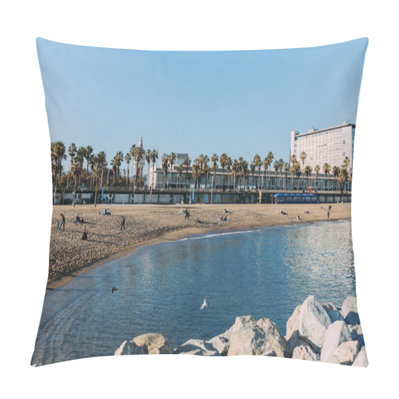 Personality  BARCELONA, SPAIN - DECEMBER 28, 2018: Calm Bay With People Resting On Beach Pillow Covers