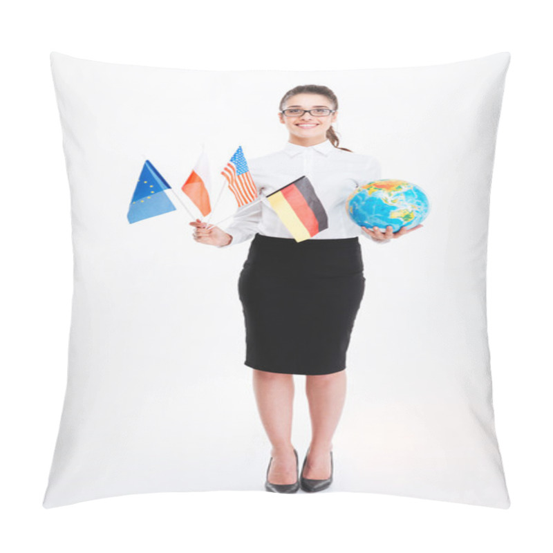 Personality  Happy Young Businesswoman Holding Flags Of Several Countries And Globe Pillow Covers