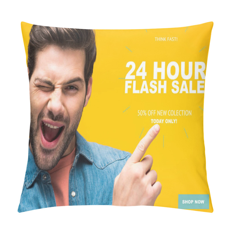 Personality  Handsome Man Pointing With Finger At 24 Hour Flash Sale Illustration And Winking Isolated On Yellow, Online Shopping Concept Pillow Covers