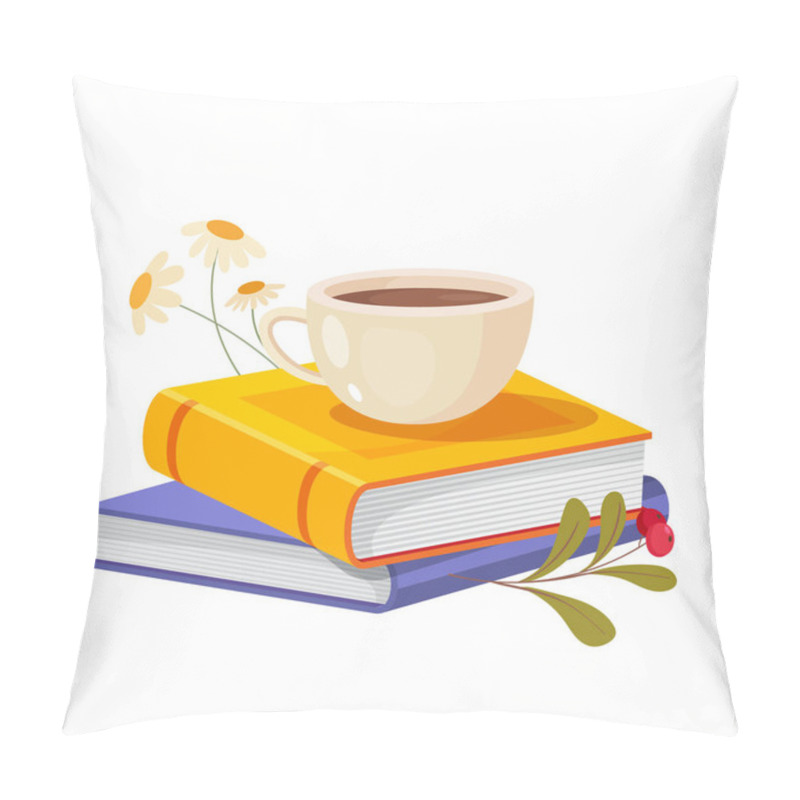 Personality  Stack Of Books With A Cup Of Tea And Flowers. Vector Illustration Isolated On White Background Pillow Covers