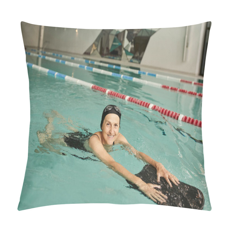 Personality  Cheerful Middle Aged Woman Swimming With Floating Board In Pool, Swim Cap And Goggles, Lifestyle Pillow Covers