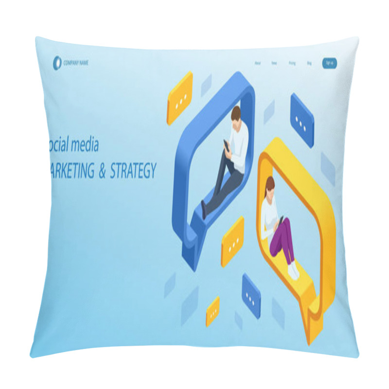 Personality  Isometric Social Network Concept. Chatting Mobile Application. Management, Consulting And Marketing. Pillow Covers