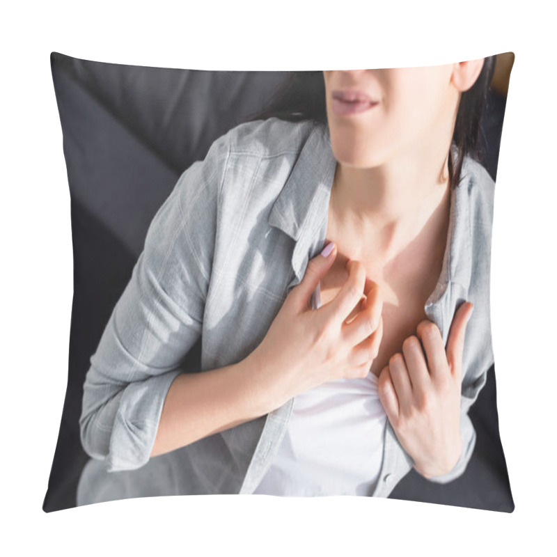 Personality  Cropped View Of Upset Woman With Allergy Scratching At Home  Pillow Covers