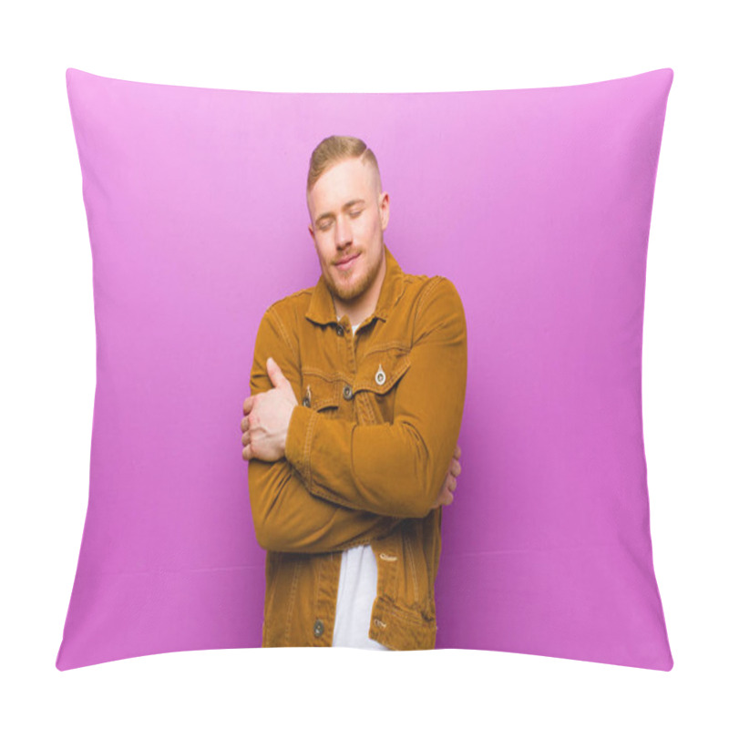 Personality  Young Blonde Man Feeling In Love, Smiling, Cuddling And Hugging Self, Staying Single, Being Selfish And Egocentric Against Purple Background Pillow Covers