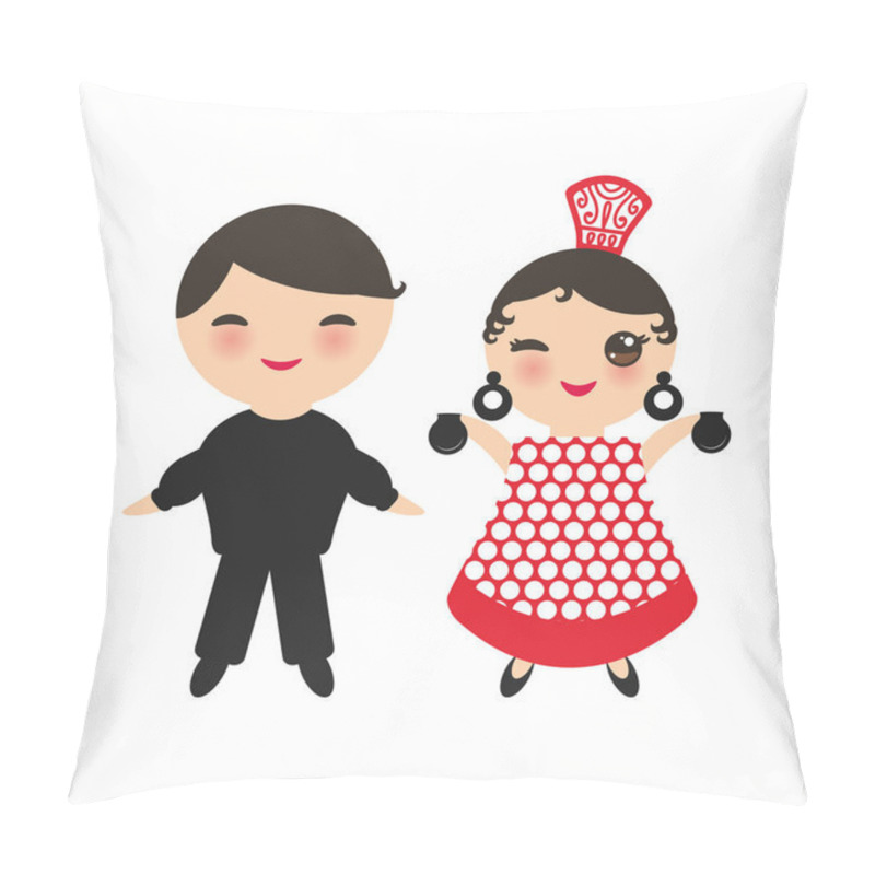 Personality  Spanish Flamenco Dancer. Kawaii Cute Face With Pink Cheeks And Winking Eyes. Gipsy Girl And Boy, Red Black White Dress, Polka Dot Fabric, Isolated On White Background. Vector Illustration Pillow Covers