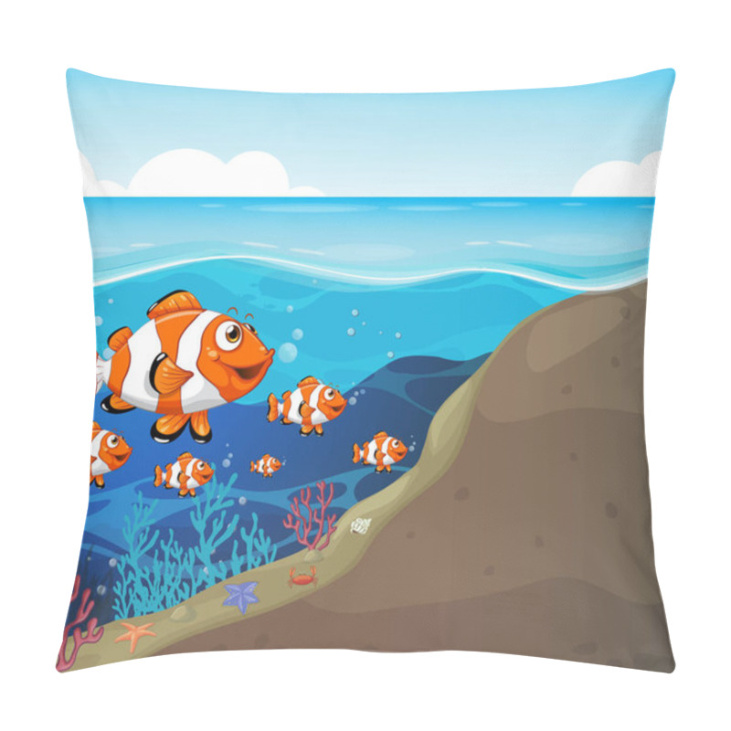 Personality  Many Exotic Fishes Cartoon Character In The Underwater Background Illustration Pillow Covers