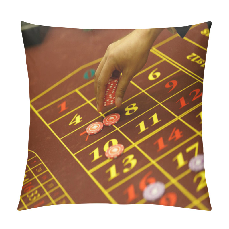 Personality  Summer, 2015 - Vladivostok, Russia - Casino Tiger De Crystal In Vladivostok. Close-up. People Place Bets With Playing Chips At The Roulette Table. Pillow Covers