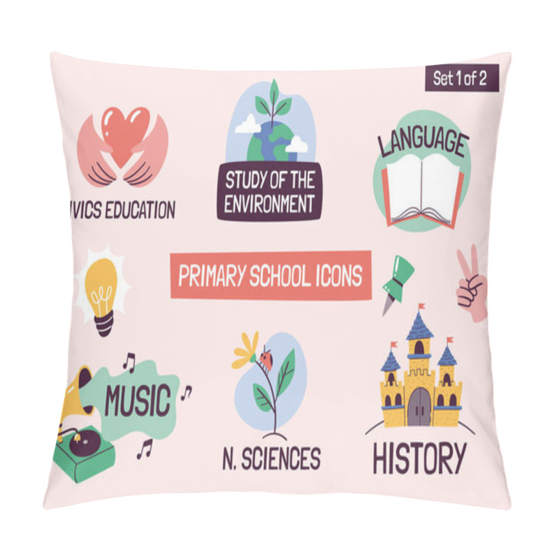 Personality  School Subjects Educational Icons. Hand-drawn Vector Labels With Primary School Subjects. Perfect For Timetables, Websites, School Apps, Sticker Design, Etc Pillow Covers