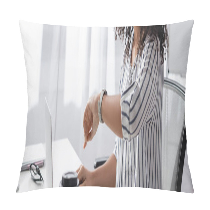 Personality  Partial View Of African American Freelancer Looking At Watch Near Laptop At Home, Banner Pillow Covers