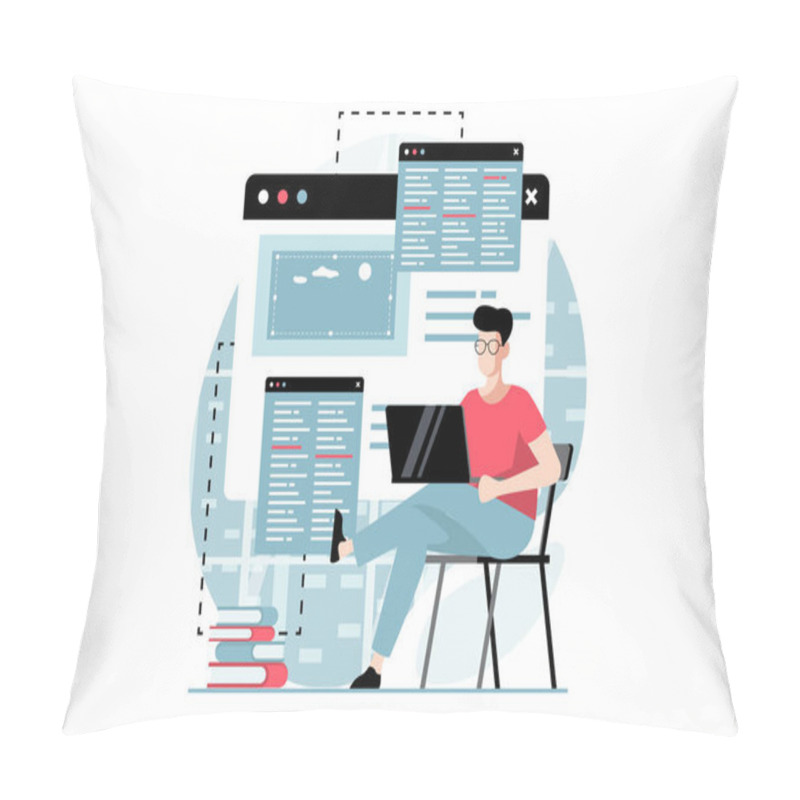 Personality  Web Development Concept With People Scene In Flat Design. Man Programming And Writing Code, Tests And Fixes Bugs, Works On Different Screens. Illustration With Character Situation For Web Pillow Covers