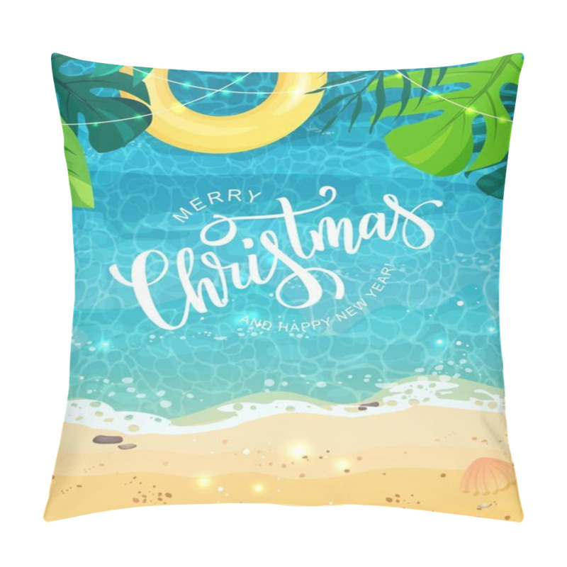 Personality  Merry Christmas Hand Lettering Text For Exotic New Year Celebration. Summer Seashore With Sand And Yellow Swim Ring, Tropical Leaves, Top View. The Wave Rolls Onto The Sand, Sea Foam, Blue Water. Pillow Covers