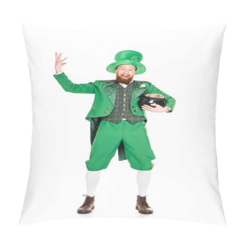 Personality  Excited Leprechaun Gesturing And Holding Pot Of Gold, Isolated On White  Pillow Covers