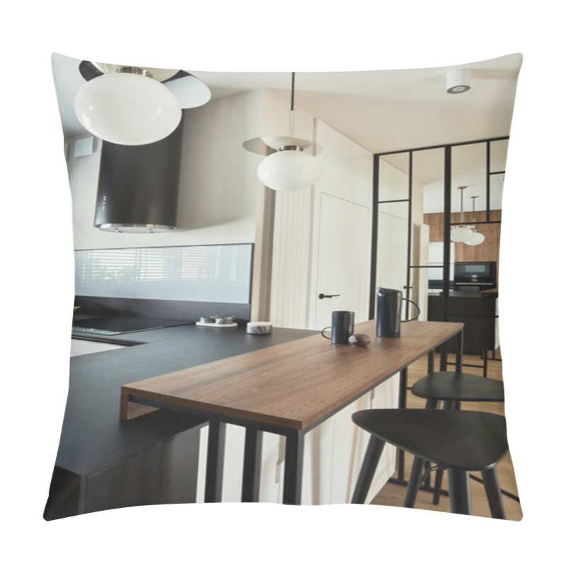 Personality  Minimalistic Modern Brown Panel Kitchen Interior With Biuld-in Kitchen And Kitchen Island. Geometric Forms And Shapes. Template. Pillow Covers