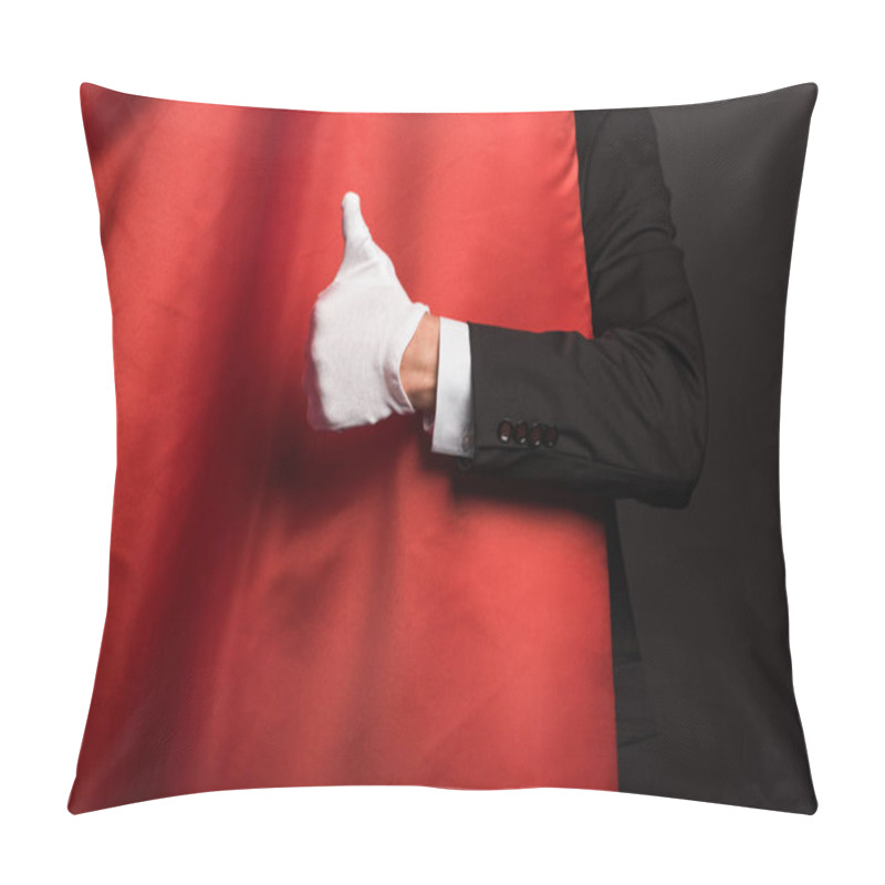 Personality  Cropped View Of Magician In Glove Showing Thumb Up In Circus With Red Curtains Pillow Covers