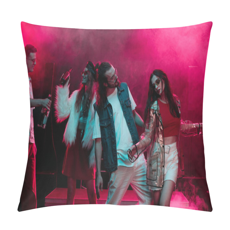 Personality  Men And Girls With Alcohol Dancing In Nightclub With Pink Smoke Pillow Covers