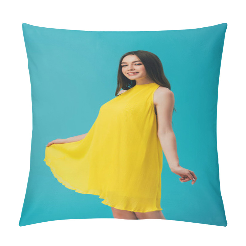 Personality  Happy Beautiful Girl In Yellow Dress Isolated On Turquoise Pillow Covers