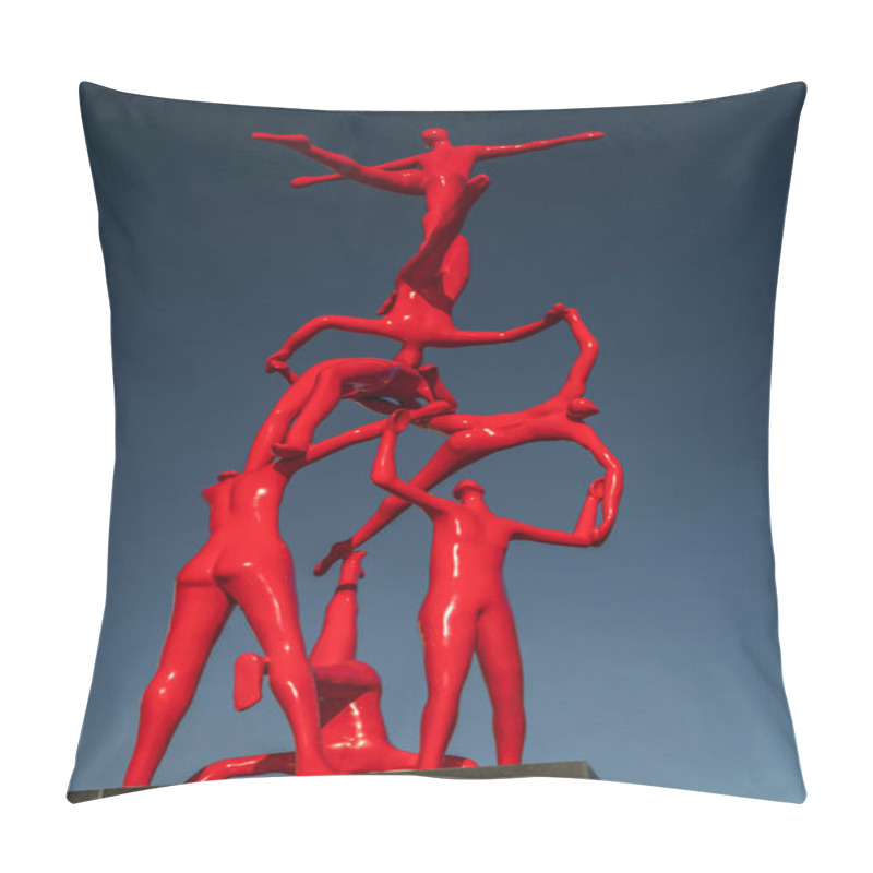 Personality  Modern Sculpture With Red Human Figures In Alexandroupoli, Greec Pillow Covers