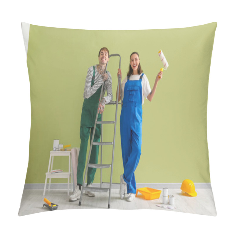 Personality  Young Couple With Painting Tools Near Green Wall Pillow Covers