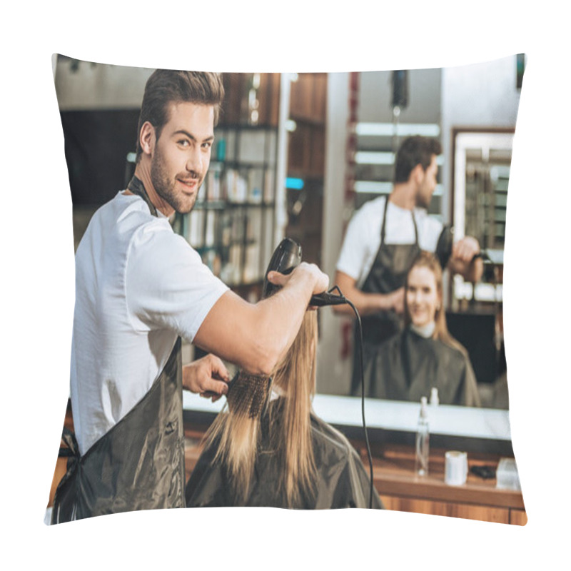 Personality  Handsome Young Hairstylist Smiling At Camera While Drying Hair To Beautiful Young Woman In Beauty Salon  Pillow Covers