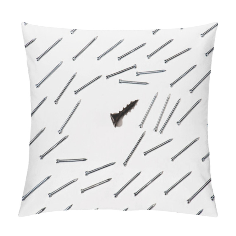 Personality  Top View Of Screw Between Iron Nails Isolated On White Pillow Covers