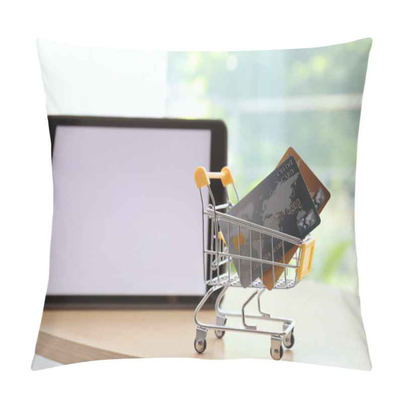 Personality  Internet Shopping. Small Cart With Credit Cards Near Modern Tablet On Table Indoors Pillow Covers