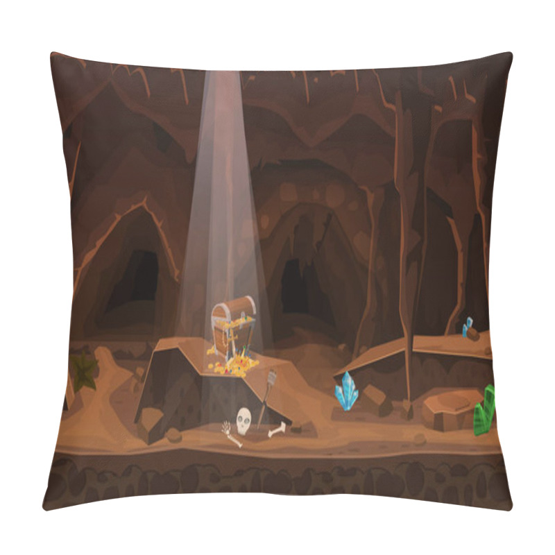 Personality  Treasure Cave With Chest Gold Coins, Gems. Concept, Art For Computer Game. Background Image To Use Games, Apps, Banners, Graphics. Vector Cartoon Illustration Pillow Covers