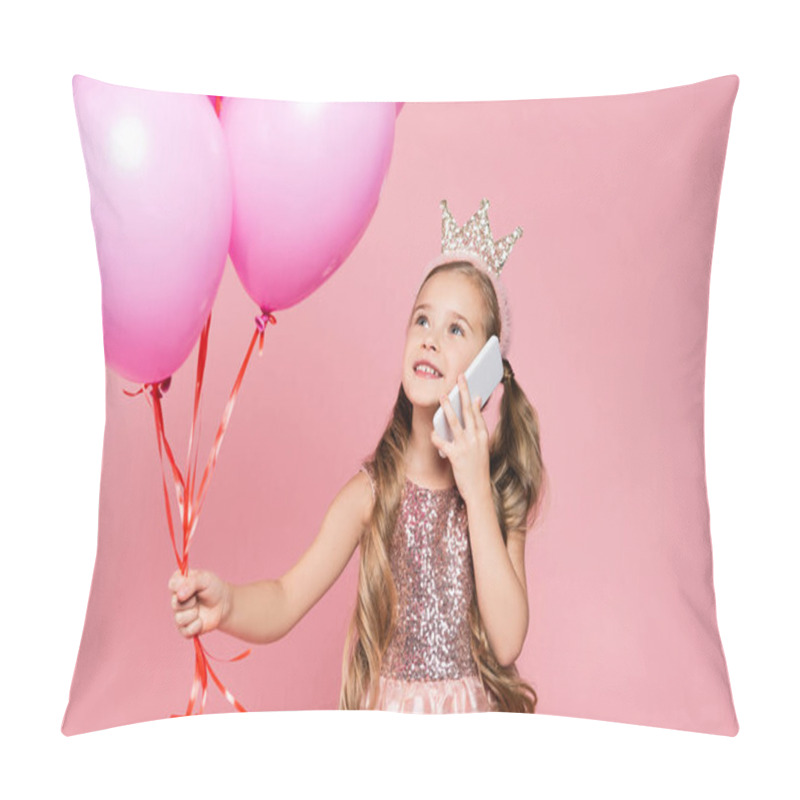 Personality  Cheerful Little Girl In Dress And Crown Holding Balloons And Talking On Smartphone Isolated On Pink Pillow Covers