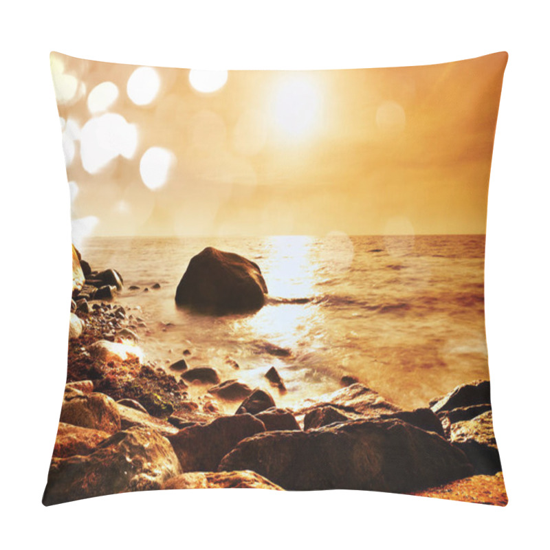 Personality  Film Effect. Boulders At Island Shore Stick Up From Smooth Sea. Stony Coast Defies To Waves Of Ocean, Clear Sky With Blurred Sun In High Humidity Pillow Covers