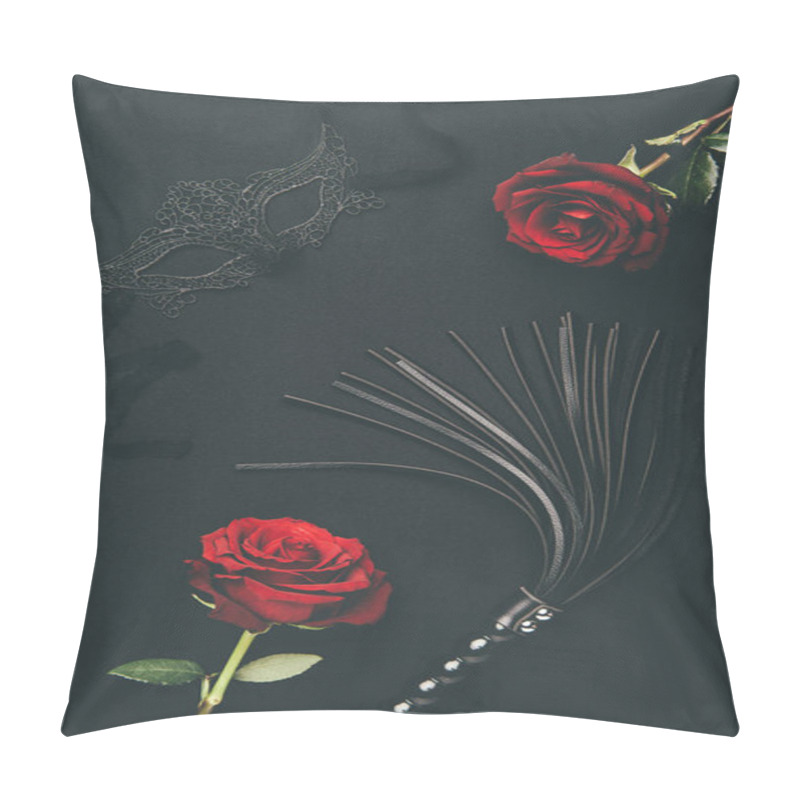 Personality  Black Whip And Lacy Mask With Rose Flowers Isolated On Black Pillow Covers