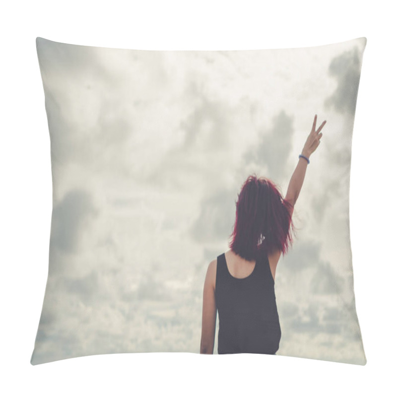 Personality  Woman Rise Hands Up To Sky Freedom Concept With Blue Sky. Pillow Covers