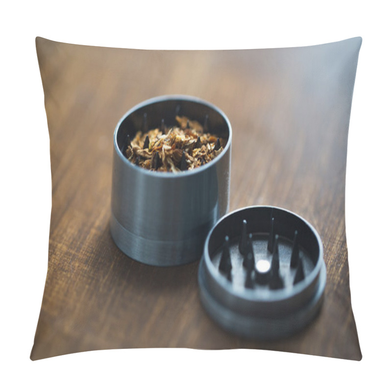 Personality  Close Up Of Marijuana Or Tobacco And Herb Grinder Pillow Covers