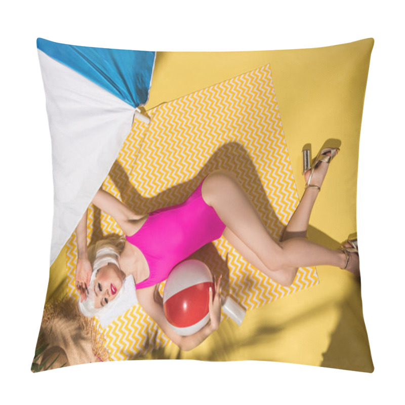 Personality  Top View Of Girl In Pink Swimsuit And High-heeled Shoes Lying With Ball On Yellow Towel Pillow Covers