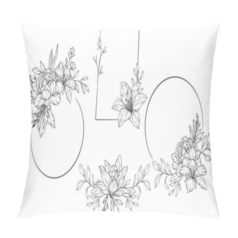 Personality  Floral Frames Line Art, Fine Line Wildflower Frames Hand Drawn Illustration. Outline Leaves And Flowers.  Pillow Covers