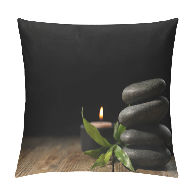 Personality  Spa Stones, Bamboo Sprout And Candle On Wooden Table Against Dark Background, Space For Text Pillow Covers