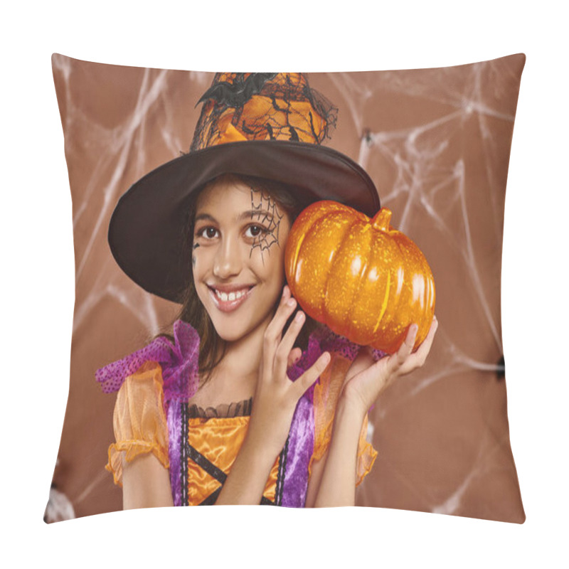 Personality  Cheerful Girl In Witch Hat And Halloween Costume Standing With Pumpkin On Brown Backdrop, Cobwebs Pillow Covers