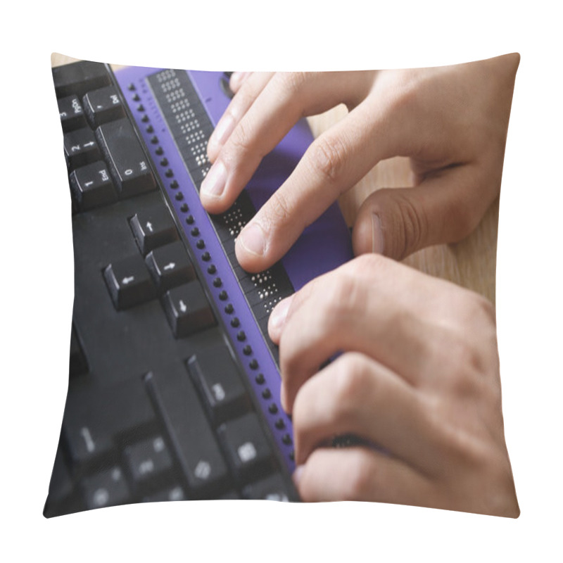 Personality  Blind Person Using Computer With Braille Computer Display  Pillow Covers