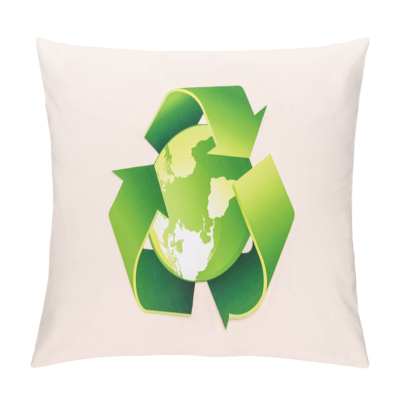 Personality  Top View Of Green Recycling Symbol With Planet Isolated On Beige Pillow Covers