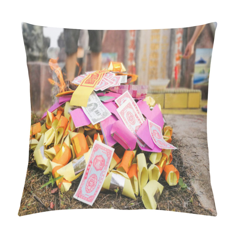 Personality  Chinese With Taoism Belief Offers The Deceased With Burning Of Paper Money And Other Offerings During Qingming Festival In Malaysia Pillow Covers