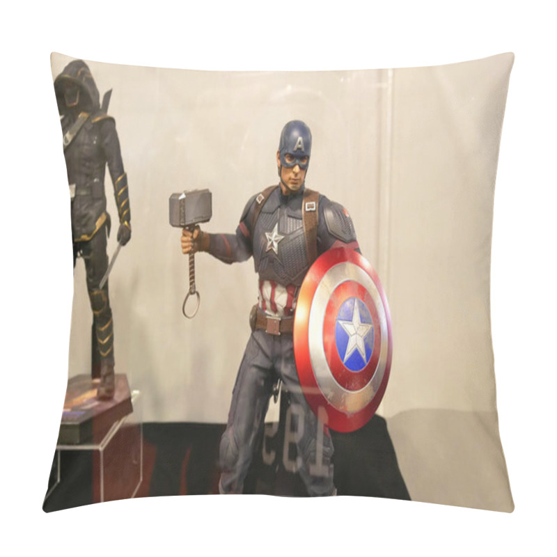 Personality  KUALA LUMPUR, MALAYSIA -JUNE 22: Fictional Character Action Figure Captain America From Marvel Comics & Movies. The Action Figure Displayed For The Public By The Collector. Pillow Covers