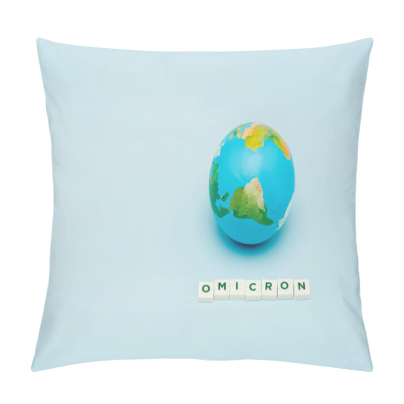 Personality  White Cubes With Omicron Lettering Near Globe On Blue Background With Copy Space Pillow Covers