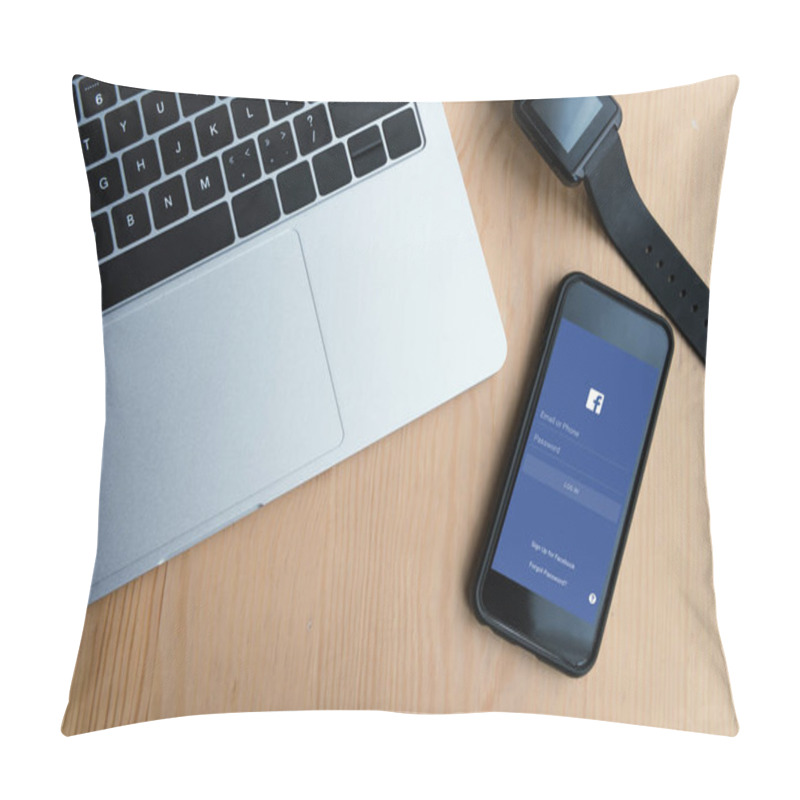 Personality  Top View Of Laptop, Smartwatch And Smartphone With Facebook Application On Screen Pillow Covers