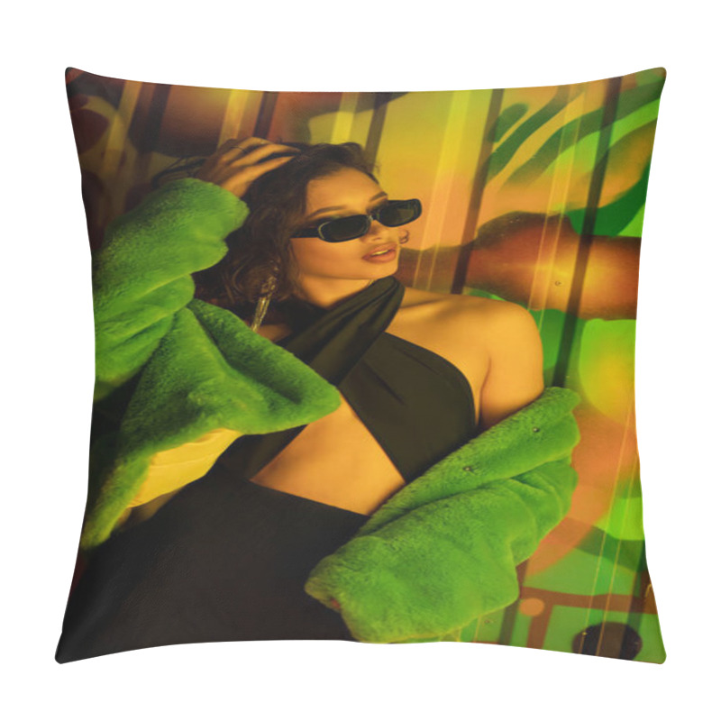 Personality  Trendy Young Asian Woman In Sunglasses Touching Head Near Graffiti On Wall In Night Club Pillow Covers