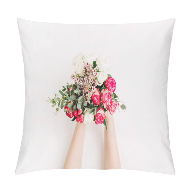 Personality  Female Hands Hold Bridal Flowers Bouquet With Roses, Eucalyptus Branch, Wildflowers. Flat Lay, Top View Wedding Background. Pillow Covers