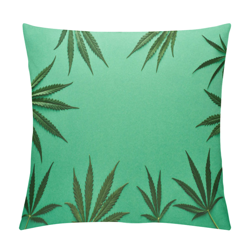 Personality  Top View Of Green Cannabis Leaves On Green Background With Copy Space Pillow Covers