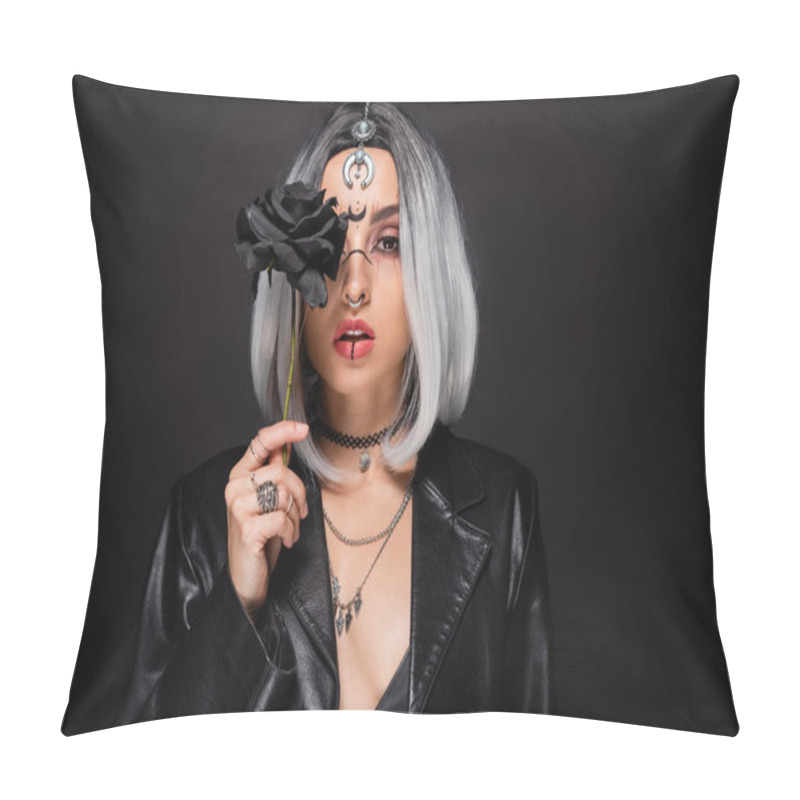 Personality  Woman In Leather Jacket And Witch Style Makeup Obscuring Face With Dark Rose Isolated On Black Pillow Covers