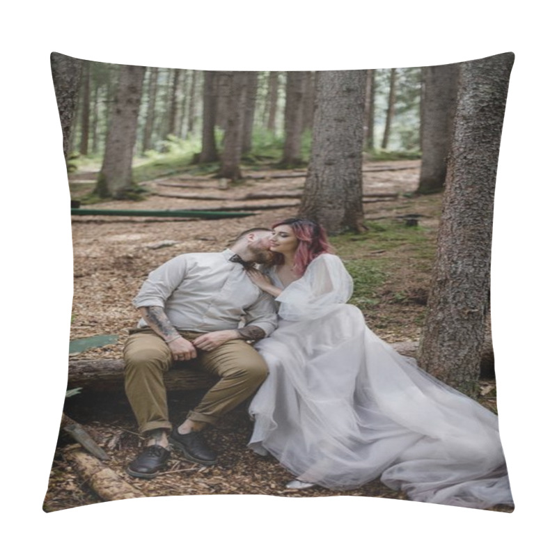 Personality  Beautiful Happy Young Wedding Couple Sitting In Fallen Tree In Alpine Forest Pillow Covers