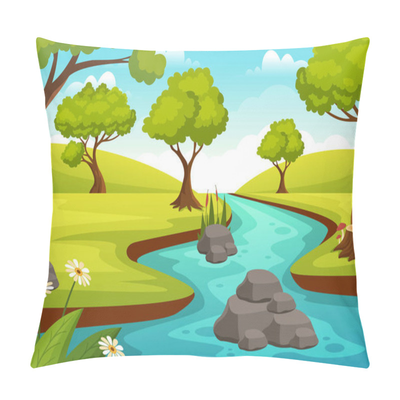 Personality  River Landscape Illustration With View Mountains, Green Fields, Trees And Forest Surrounding The Rivers In Flat Cartoon Hand Drawn Templates Pillow Covers