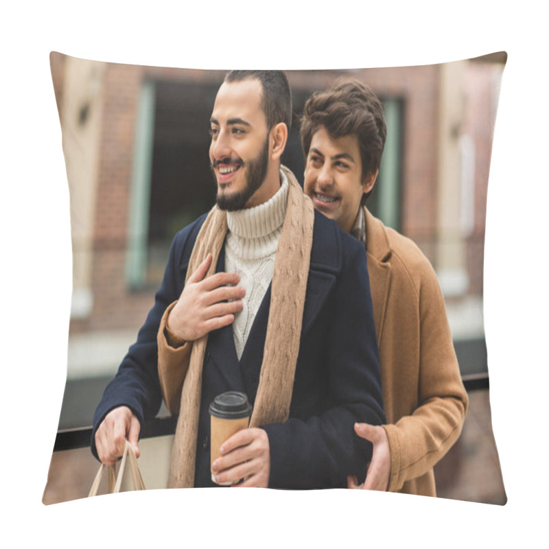 Personality  Bearded Gay In Coat And Scarf Standing With Takeaway Drink Near Boyfriend Embracing Him Outdoors Pillow Covers